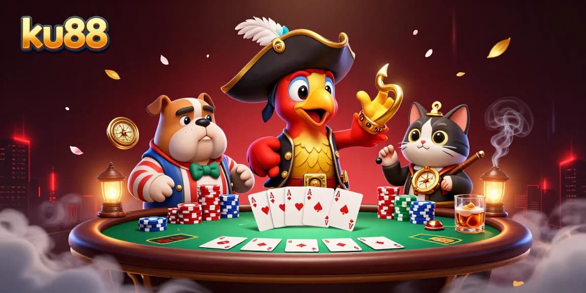Engage with ku88's vibrant casino scene featuring a cartoon pirate captain, bulldog, and ship's cat around poker elements.