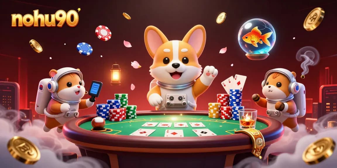 Play and win with nohu90 in a dynamic casino scene featuring vibrant characters and poker elements.