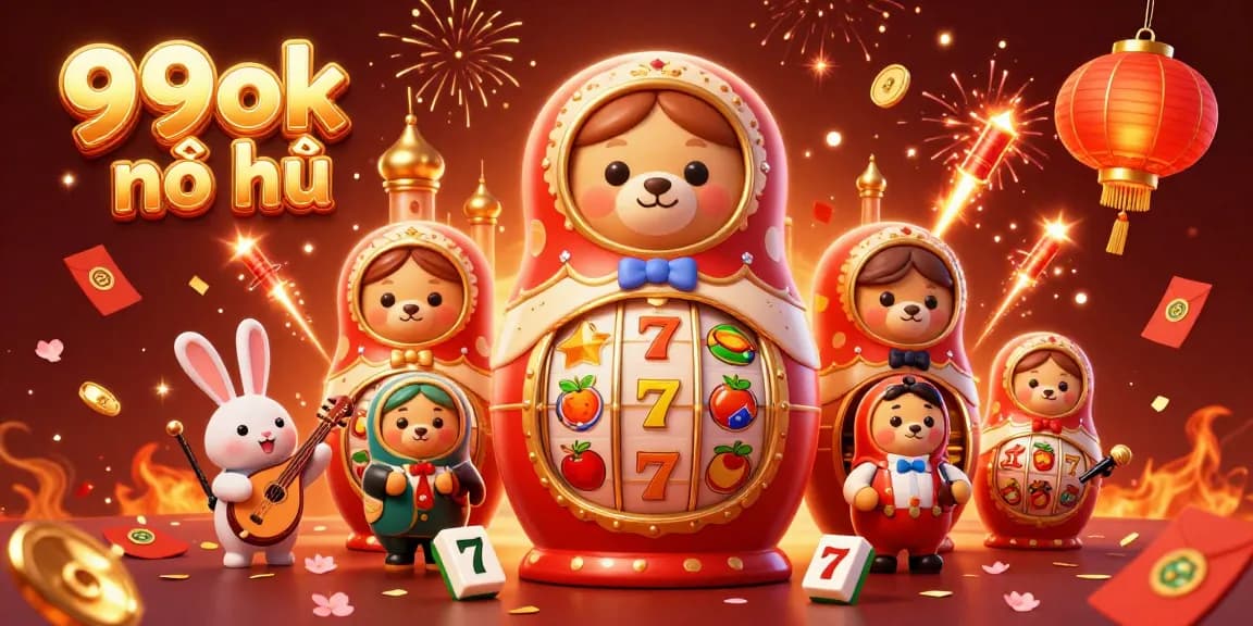 Engage with 99ok nổ hũ through this vibrant casino-themed 3D illustration showcasing slot reels and celebratory elements.