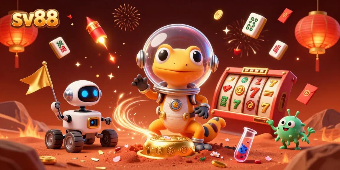 Experience sv88's exciting slot adventure with a Martian gecko in a dynamic casino scene.