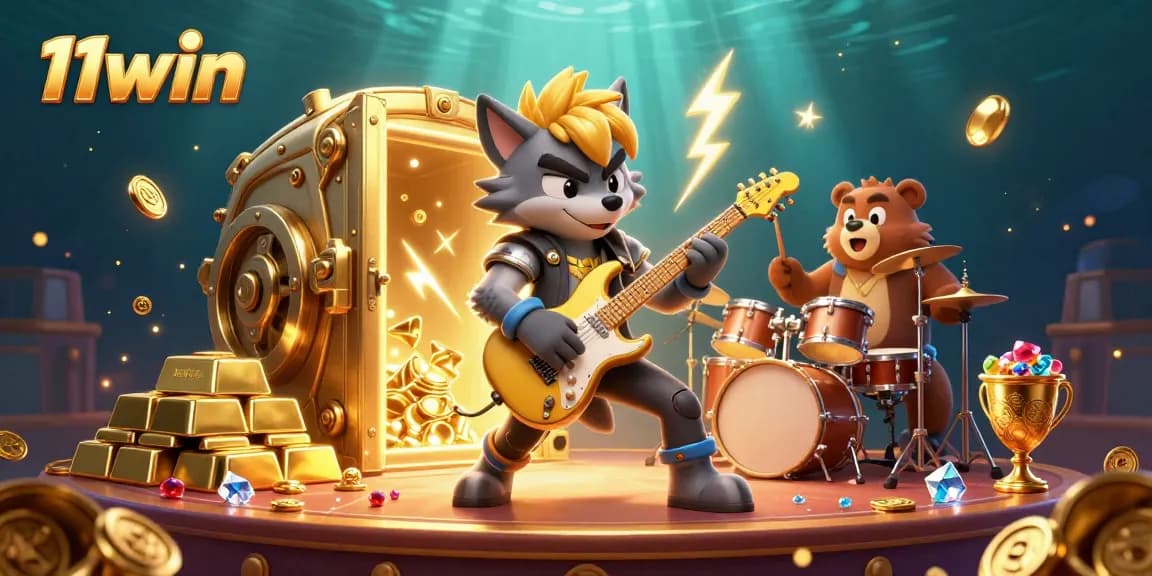 Experience thrilling wins at 11win with a vibrant 3D casino illustration featuring a rock star wolf.