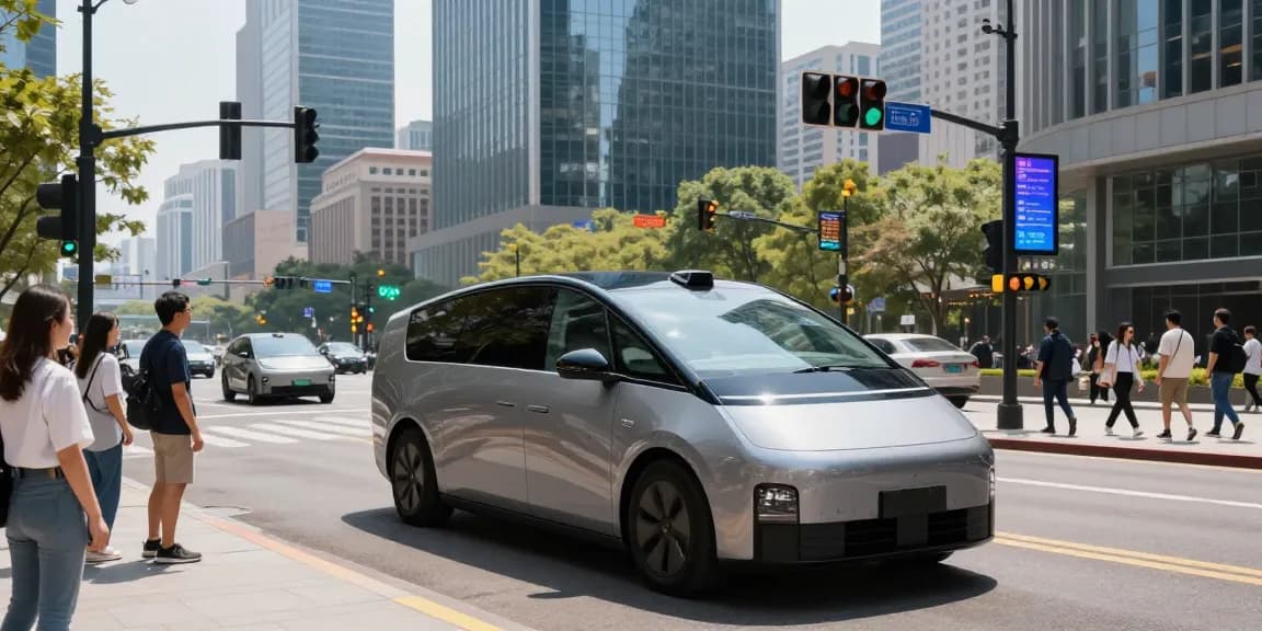 Autonomous driving vehicle navigating a busy city street, showcasing advanced technology and urban life.