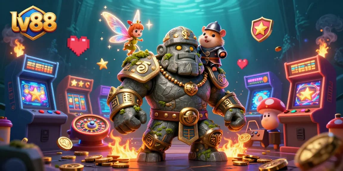 Experience the magic of lv88 with an enchanting 3D illustration showcasing a golem guardian and fairy knight in a vibrant casino setting