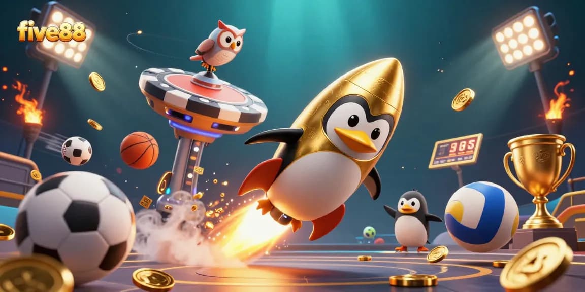 Watch the five88 penguin rocket towards a casino space station with dynamic sports elements.