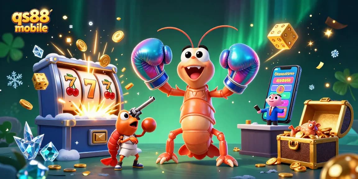 Win big with qs88 mobile's casino games in a vibrant, 3D illustrated scene.