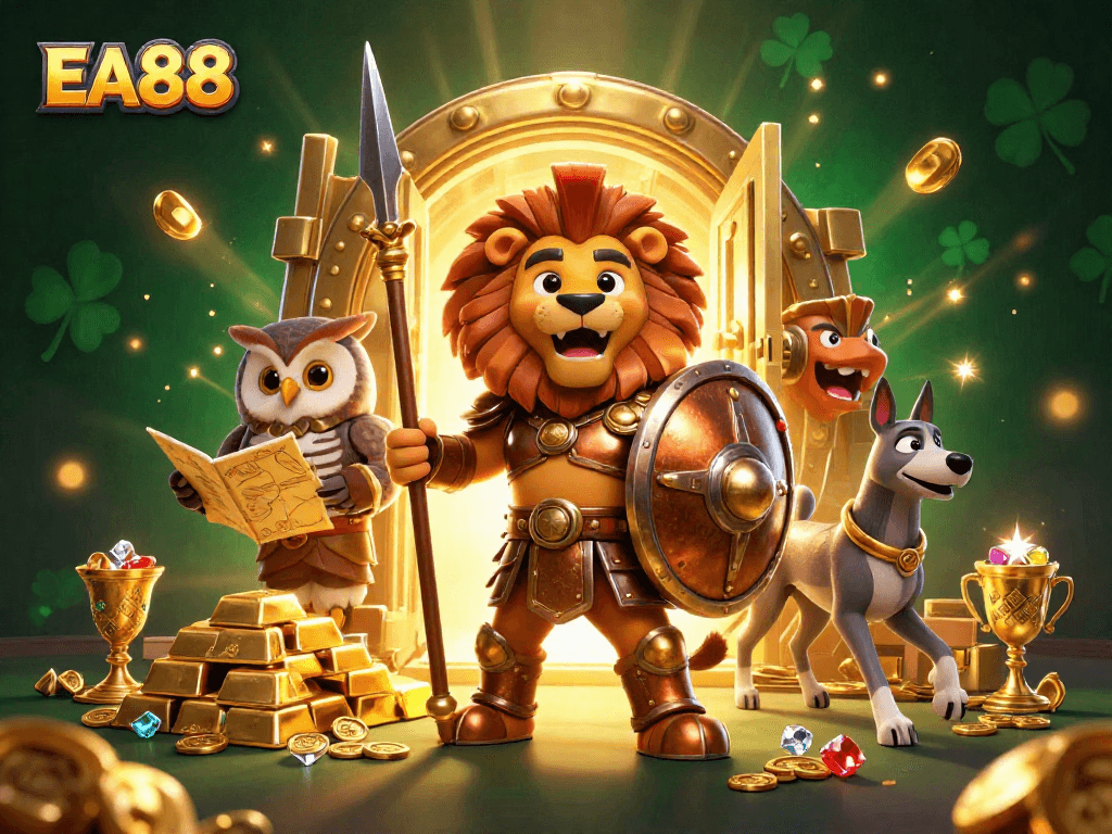 Experience thrilling excitement with EA88 in this dynamic 3D casino scene featuring legendary characters.