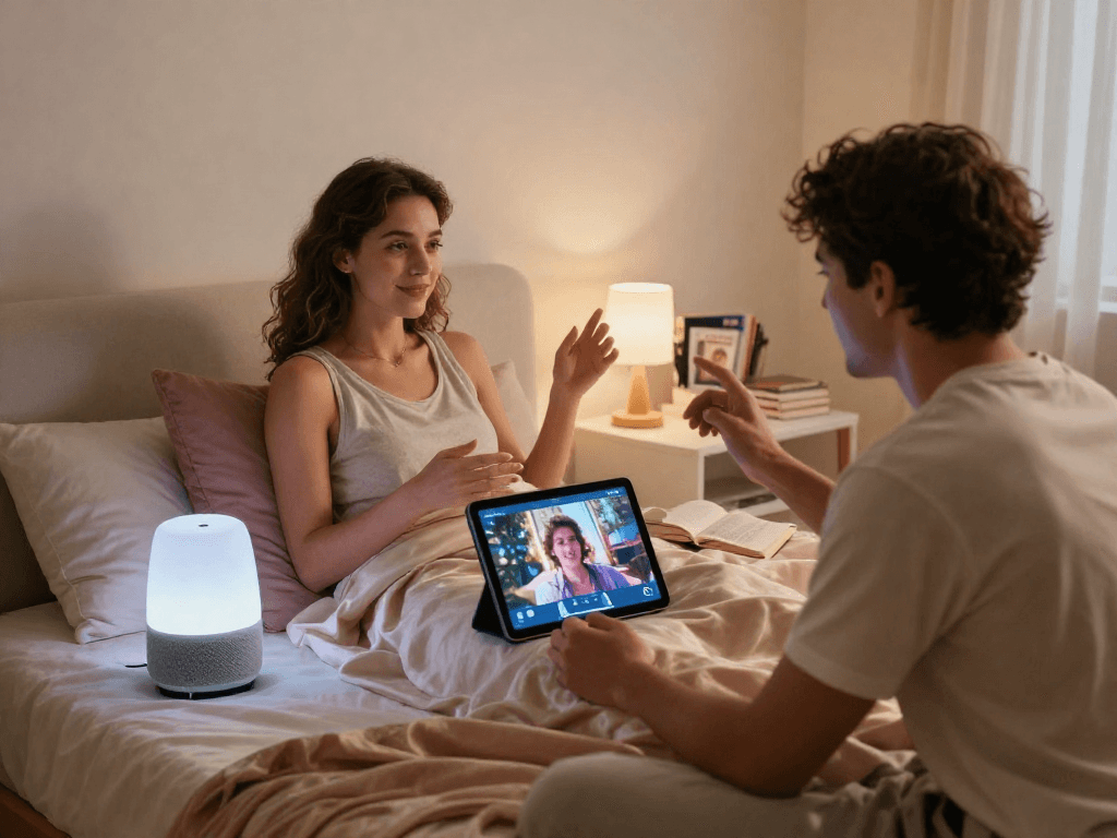Couple enjoying AI sex technology experience in a cozy modern bedroom