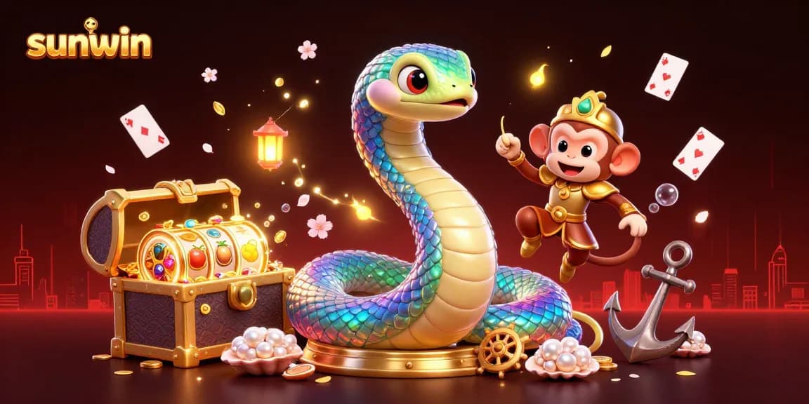 Experience sunwin’s vibrant casino adventure with a rainbow serpent and monkey king amidst treasure.