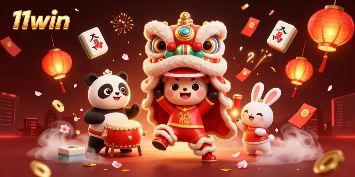 Experience the excitement of 11win with a vibrant 3D illustration of casino characters celebrating.