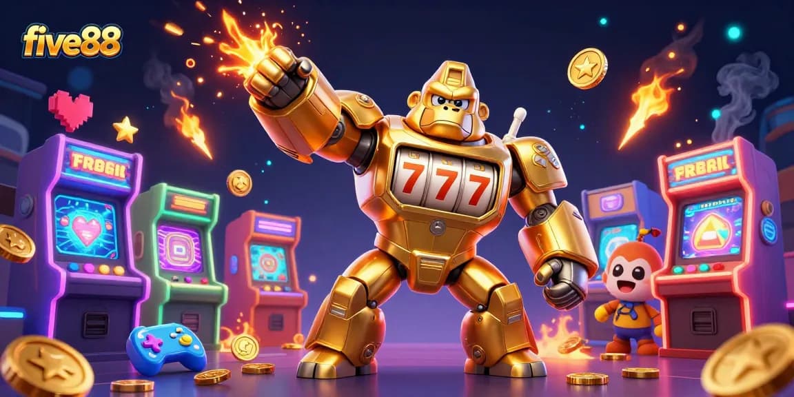 Engage in thrilling casino adventures with five88 featuring a golden gorilla mech and vibrant gaming elements.