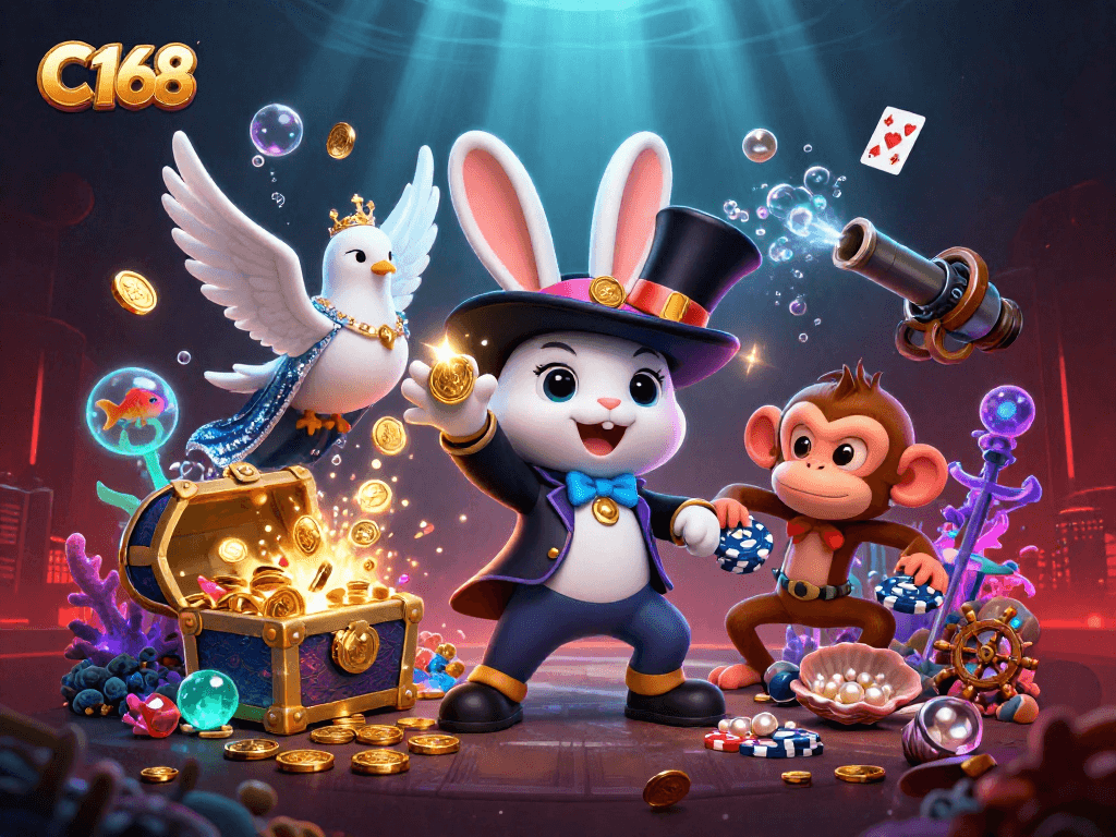 Experience thrilling wins at C168 with a magical scene of a rabbit, dove, and monkey amidst casino treasures.