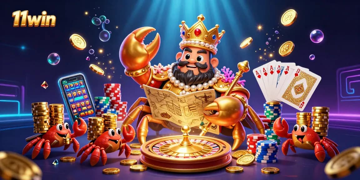 Engage with 11win at an exciting casino scene featuring a golden crab emperor and royal flush cards.