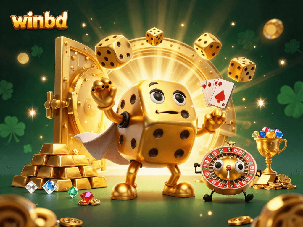 Experience exciting gaming action at winbd with vibrant casino-themed 3D characters and elements.