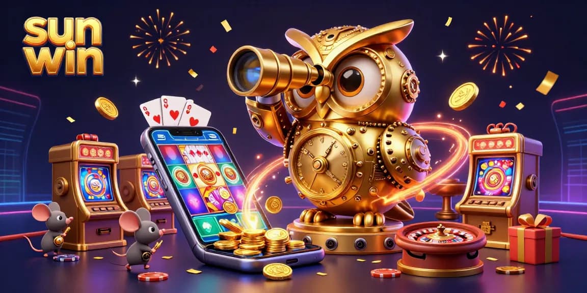 Experience the sun win magic with a vibrant casino scene featuring an owl and golden coins.