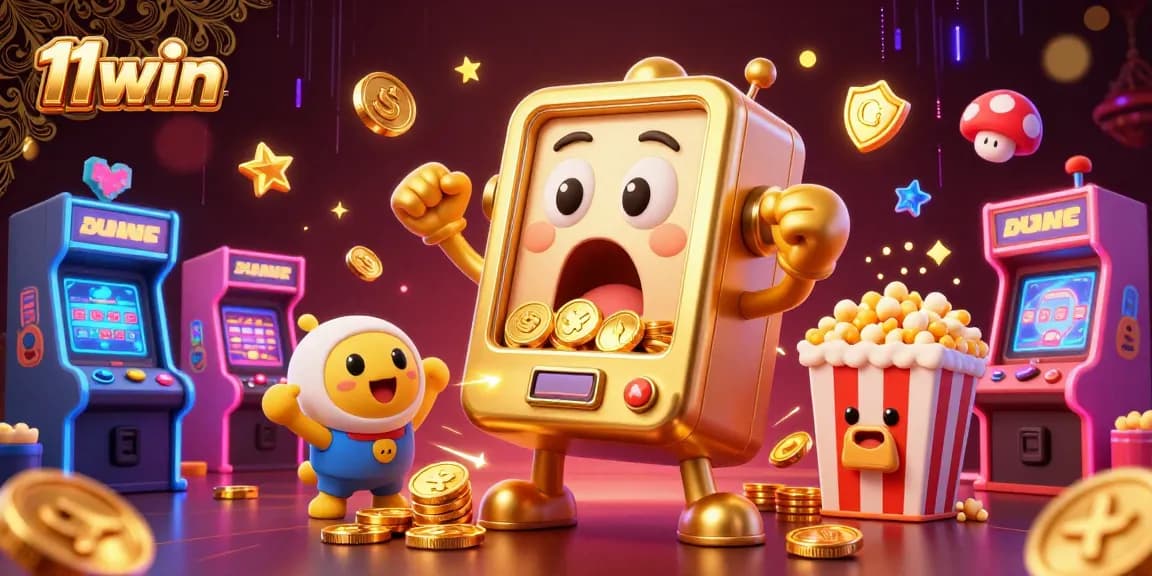 Experience 11win excitement with a colorful golden slot machine hitting a jackpot surrounded by cheering characters.