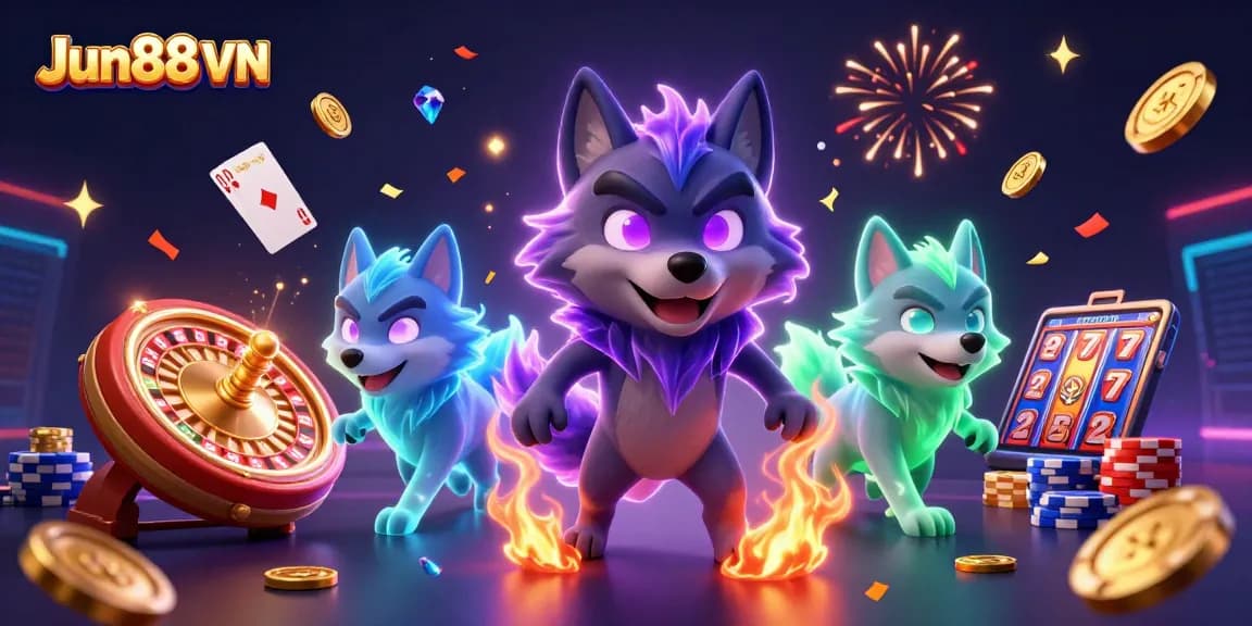 Engage with Jun88 VN and explore captivating casino rewards featuring animated wolves, coins, and vibrant gaming elements.