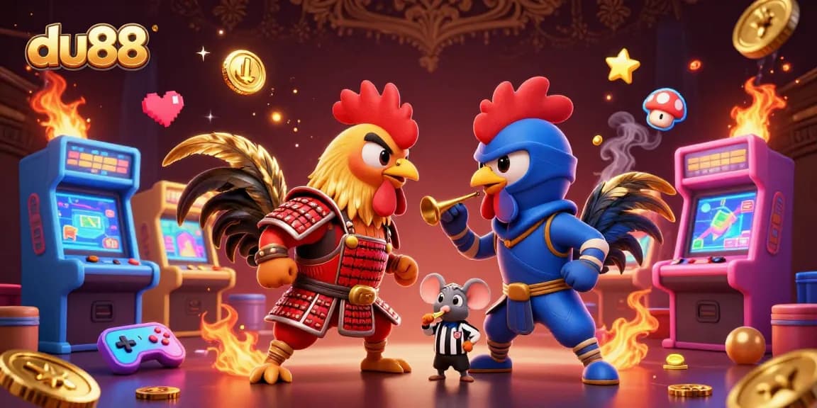 Experience du88's thrilling duels with dynamic fighting roosters in an arcade-filled arena.