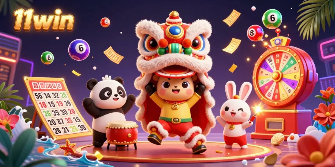 Engage with 11win's vibrant casino scene featuring a lion dance, lucky lottery balls, and exciting prizes.