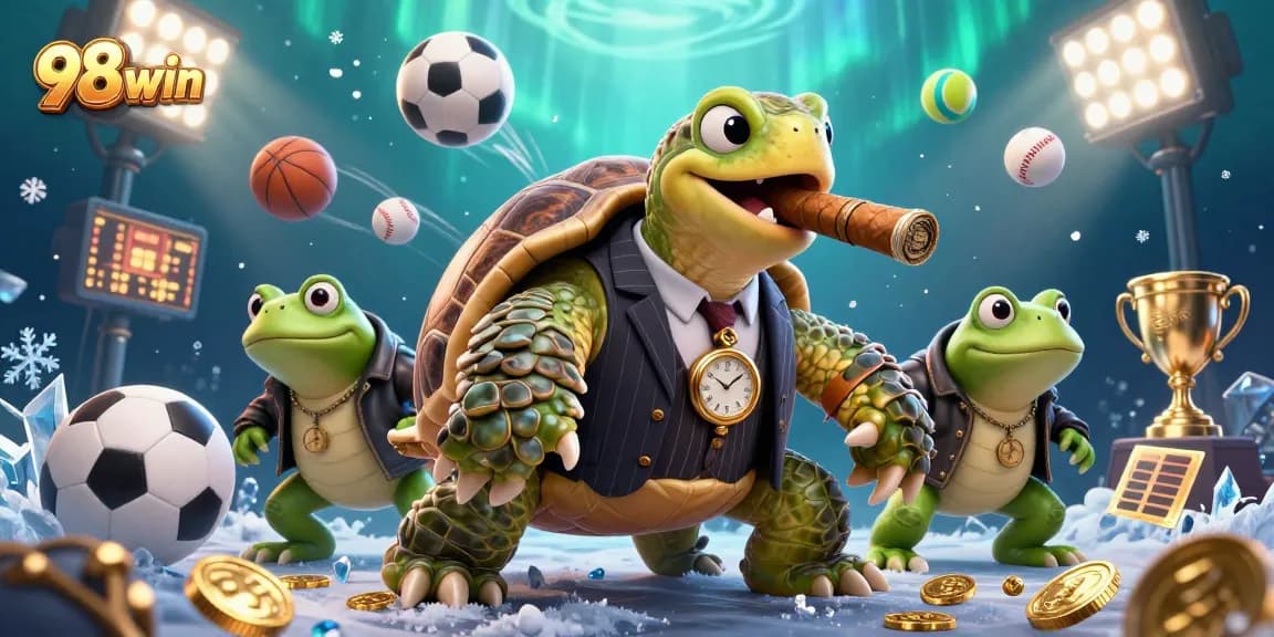 Experience the thrill of 98win with a vibrant illustration featuring casino elements like sports balls and trophies.