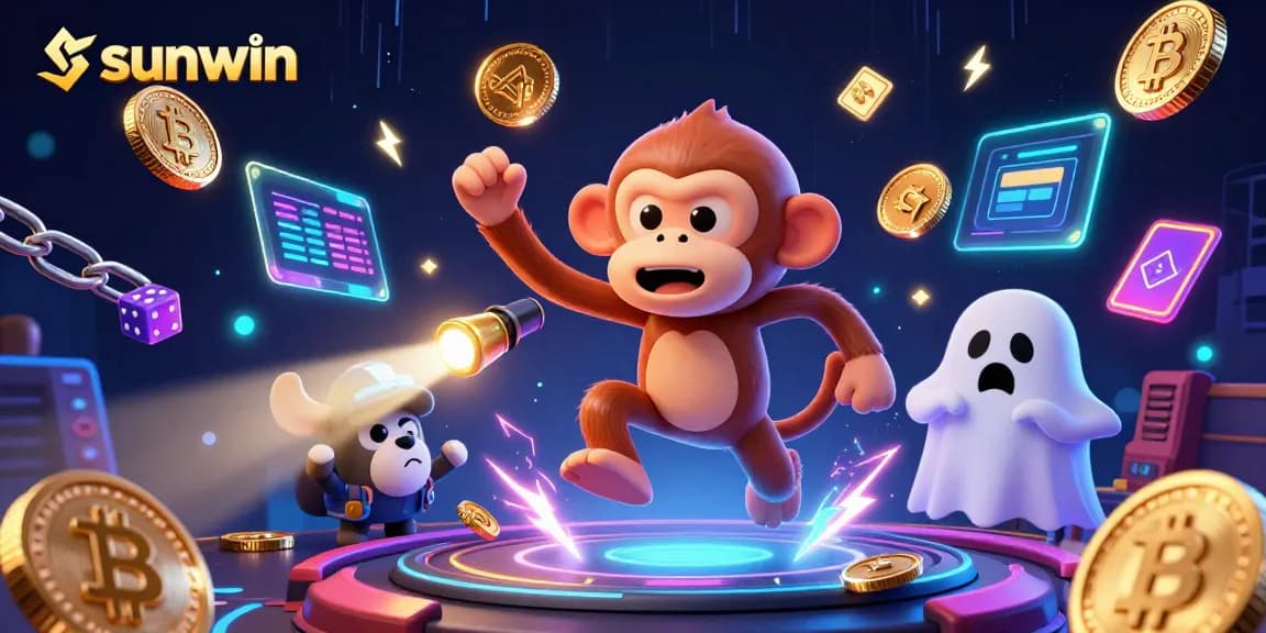 Experience sunwin's thrilling haunted casino with playful characters and vibrant crypto elements.