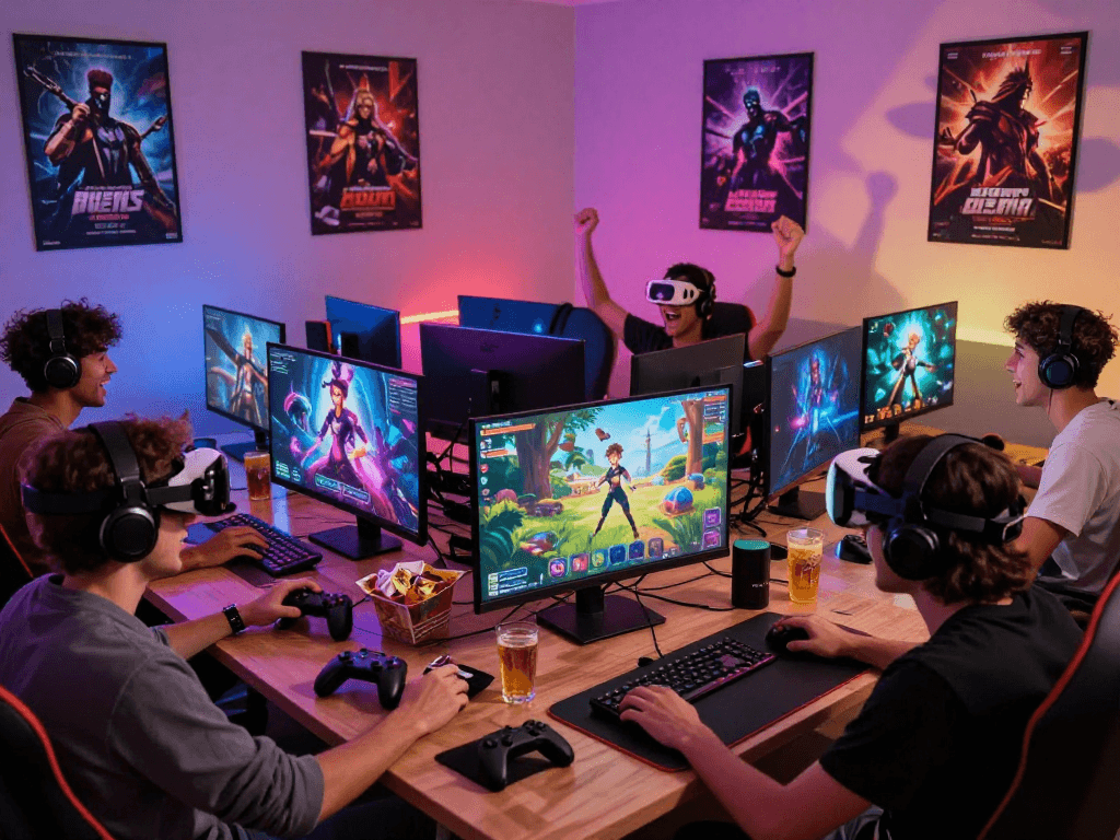 Gamers enjoying interactive porn games in a vibrant gaming setup.