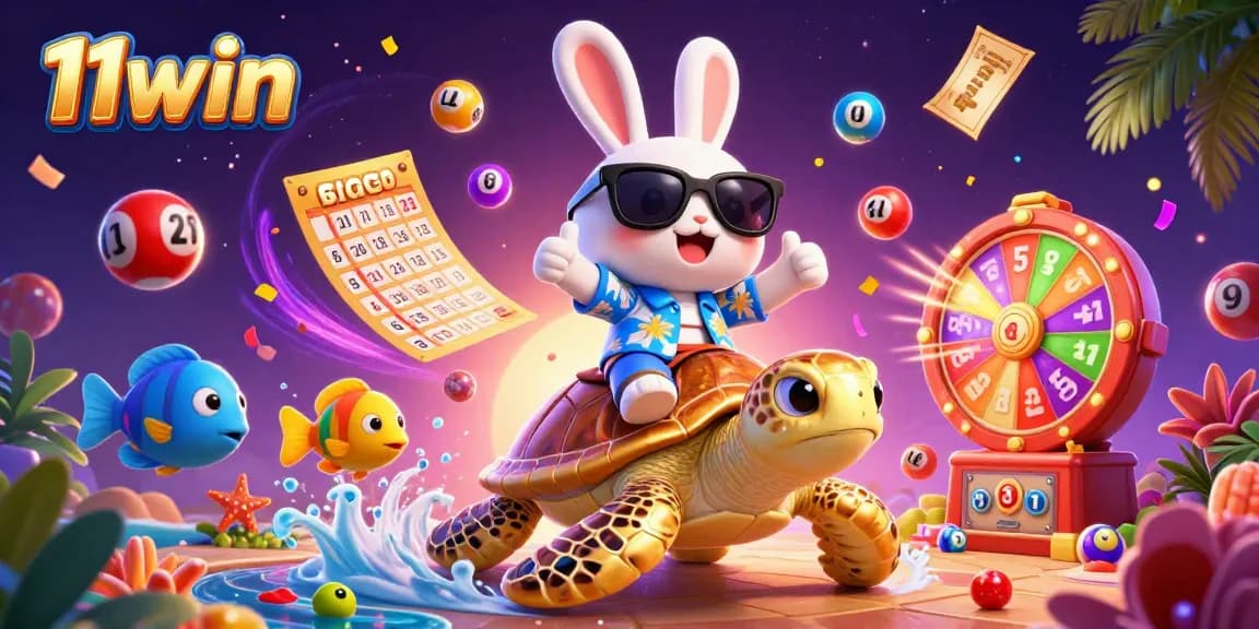 Engage your luck with 11win in a vibrant casino scene featuring a lucky rabbit and golden turtle.