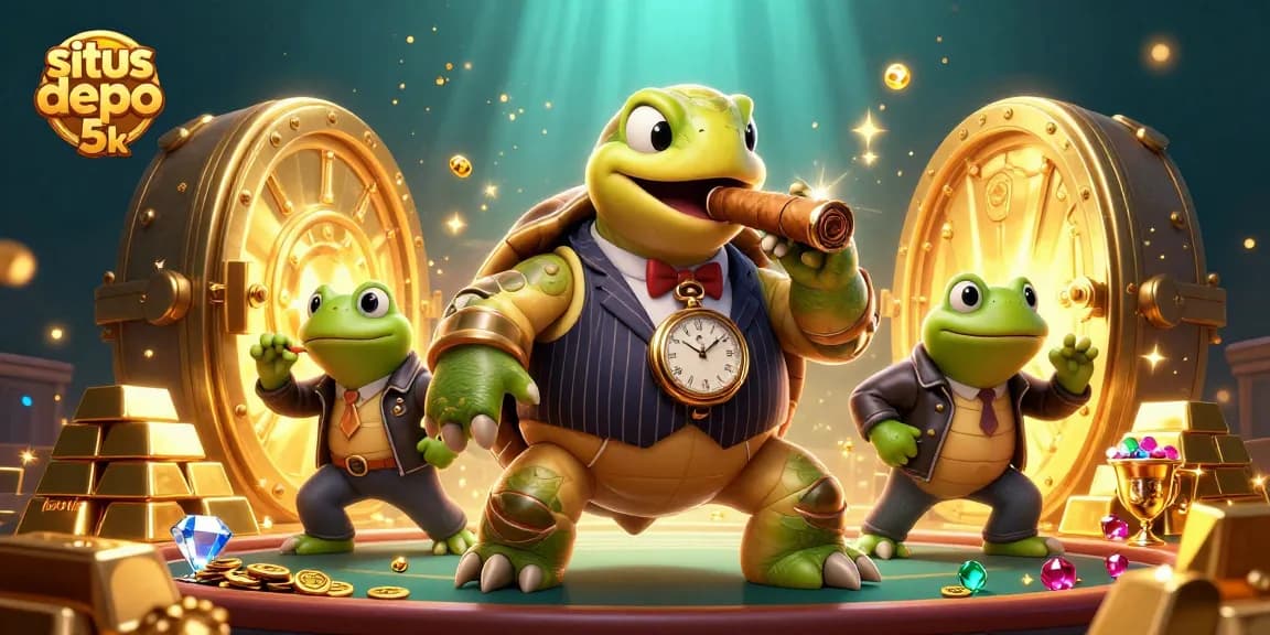 Engage with situs depo 5k, featuring a giant turtle and bullfrog enforcers surrounded by jewels and gold.