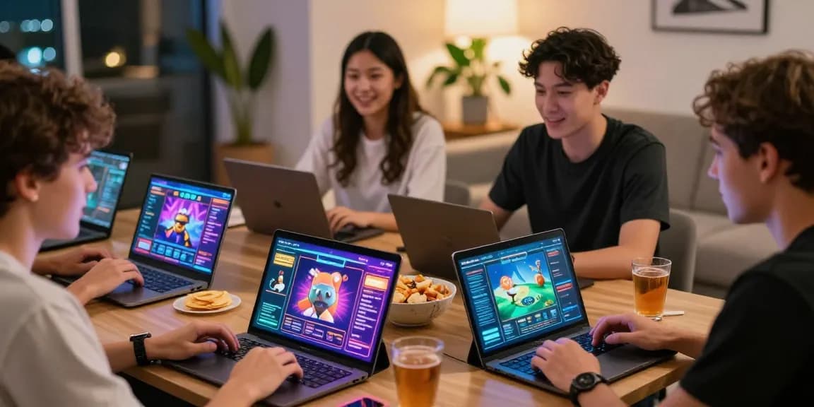Engaged players enjoying australian online casinos in a lively home setting with gaming devices.