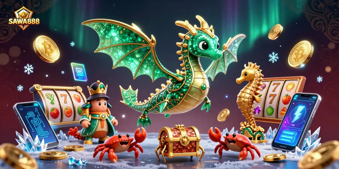 SAWA888 showcases a dynamic scene with a sea dragon and vibrant slot game elements.