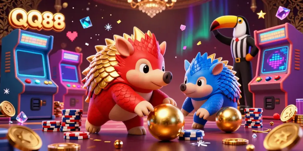 Experience thrilling gameplay at QQ88 with pangolins and poker chips in a vibrant casino scene.