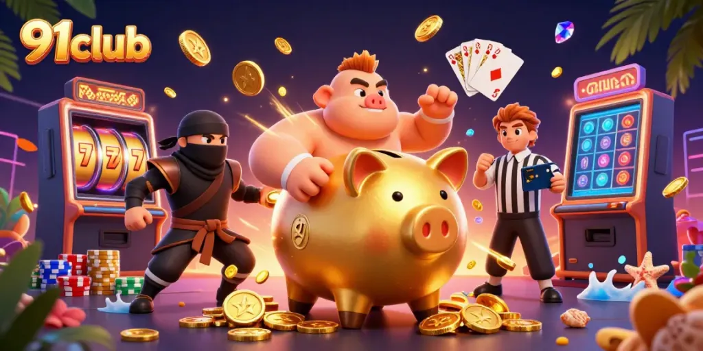Experience the excitement of 91club with animated characters playing games and winning coins.