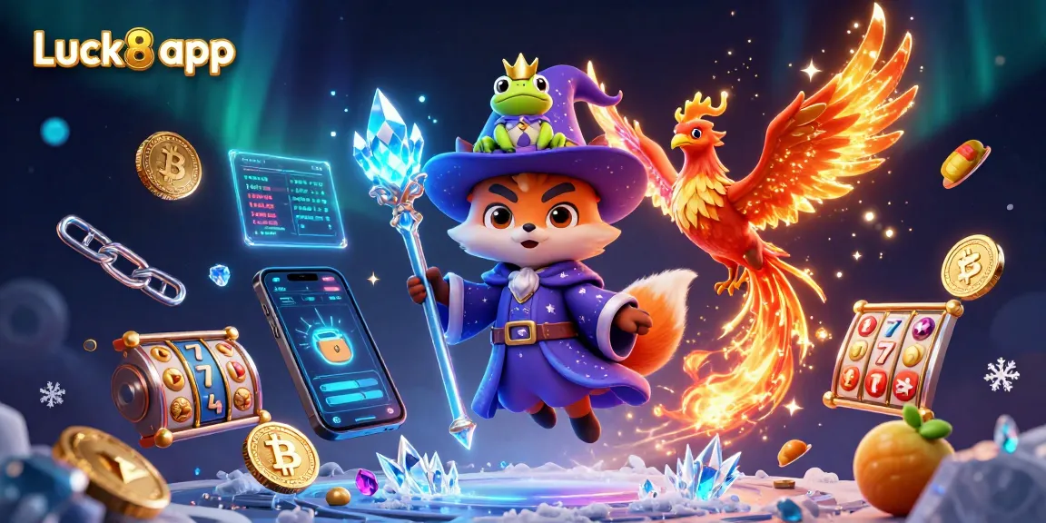 Experience the exciting Luck8 app with a dynamic scene of gaming elements and magical characters.