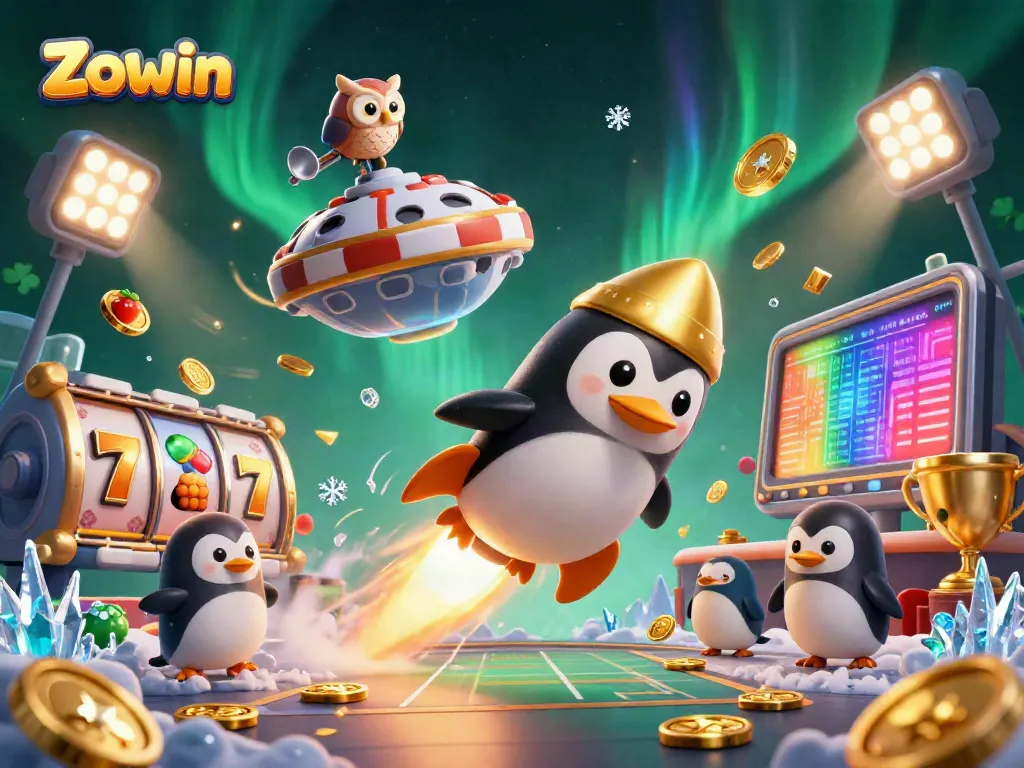Zowin's golden penguin racing toward a casino space station amidst a flurry of slot symbols and coins.