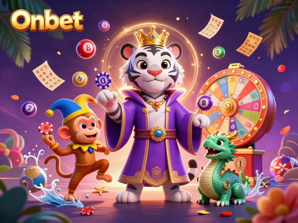 Experience Onbet's engaging lottery scene with vibrant characters and dynamic game elements.