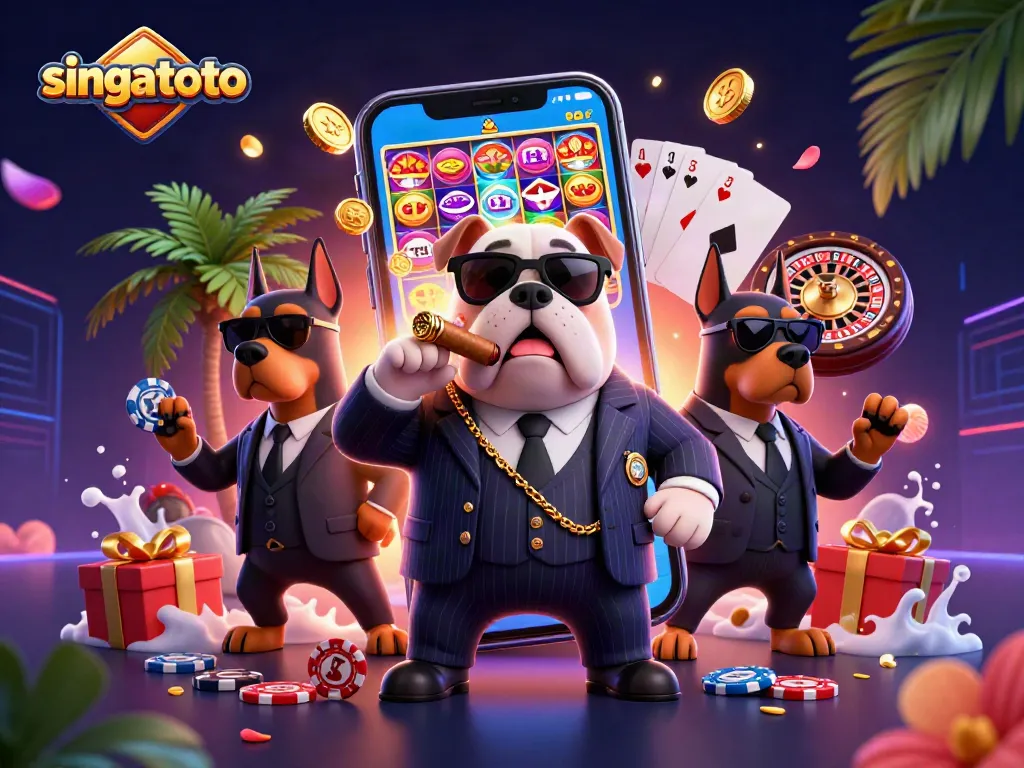 Engage in exciting slot action with singatoto, featuring a dynamic scene of a mafia bulldog and poker elements.