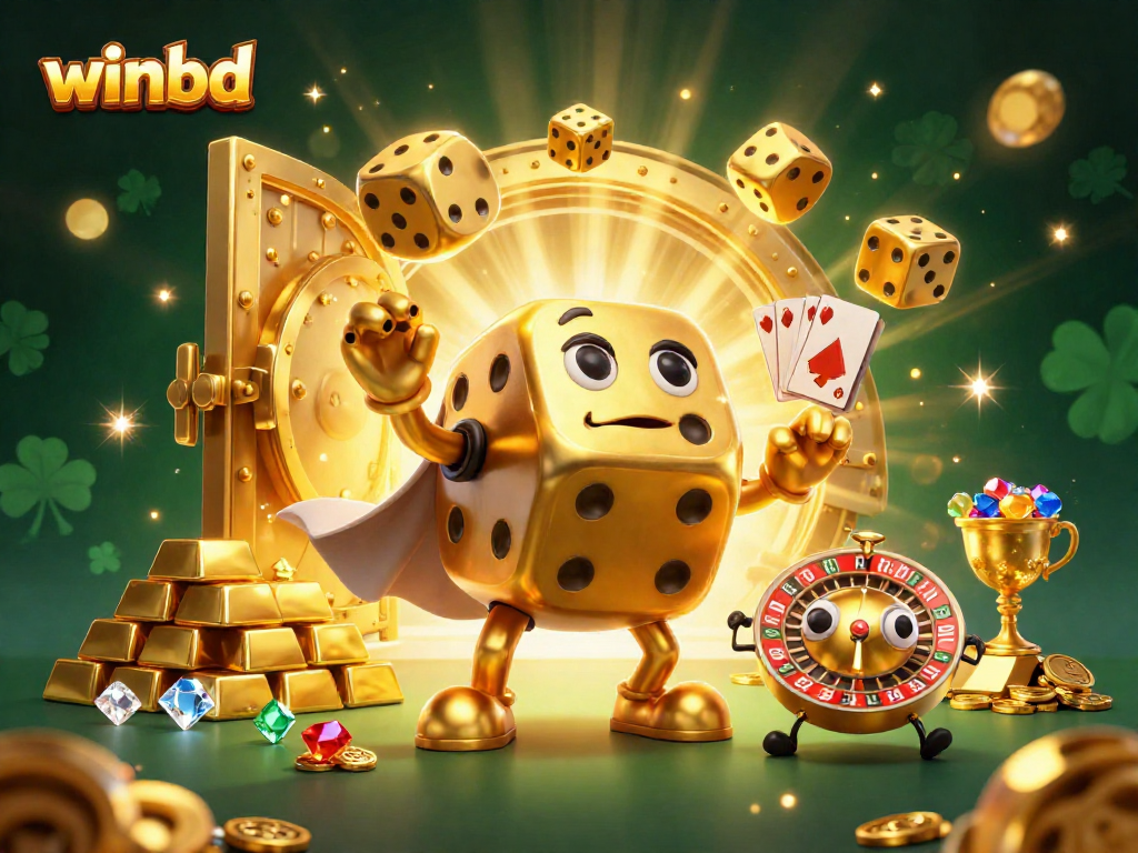 Experience exciting gaming action at winbd with vibrant casino-themed 3D characters and elements.