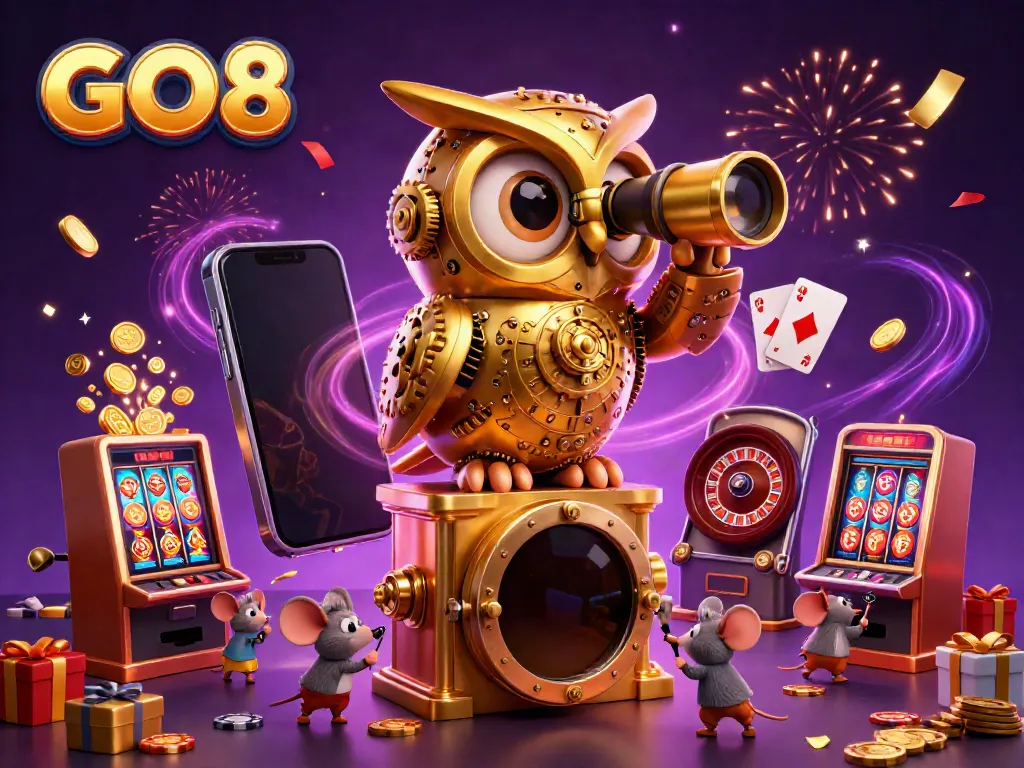 Engage in thrilling jackpot action with GO8's vibrant casino scene featuring a golden owl and lively game elements.
