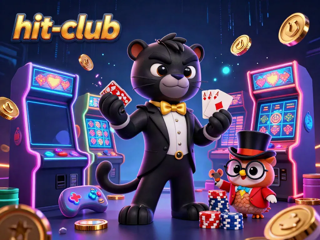 Hit-club showcases a stylish black panther dealer and friendly characters in a vibrant casino scene.