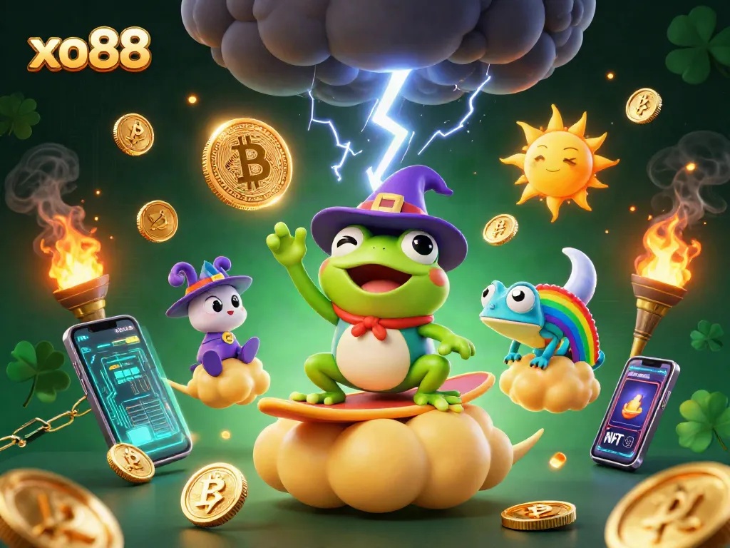 Spin to win at xo88 as the wizard frog conjures golden coins amidst a lively casino scene.
