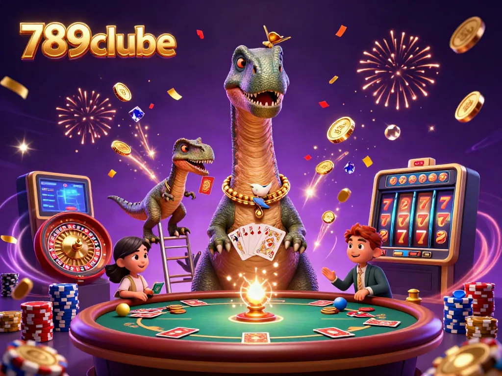 Experience the excitement of 789clube's lively gaming scene featuring a giant cartoon brontosaurus and clever raptor amidst a celebration of vivid casino elements.