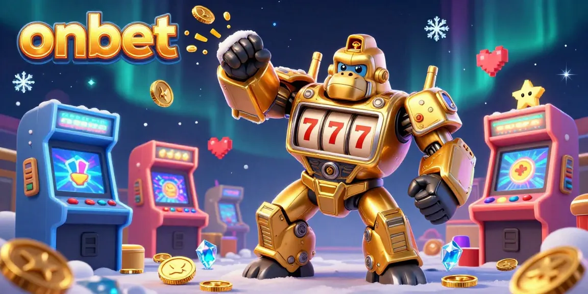Experience exhilarating gaming action with onbet's immersive 3D slot machine scene featuring golden gorilla mech.