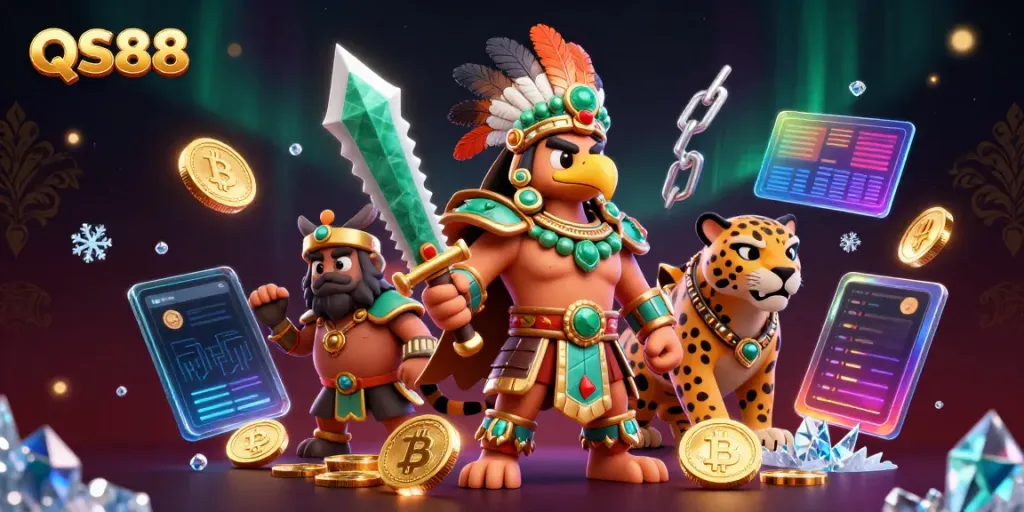 Experience exciting gameplay at QS88, featuring a vibrant 3D scene with iconic Aztec characters and cryptocurrency elements.
