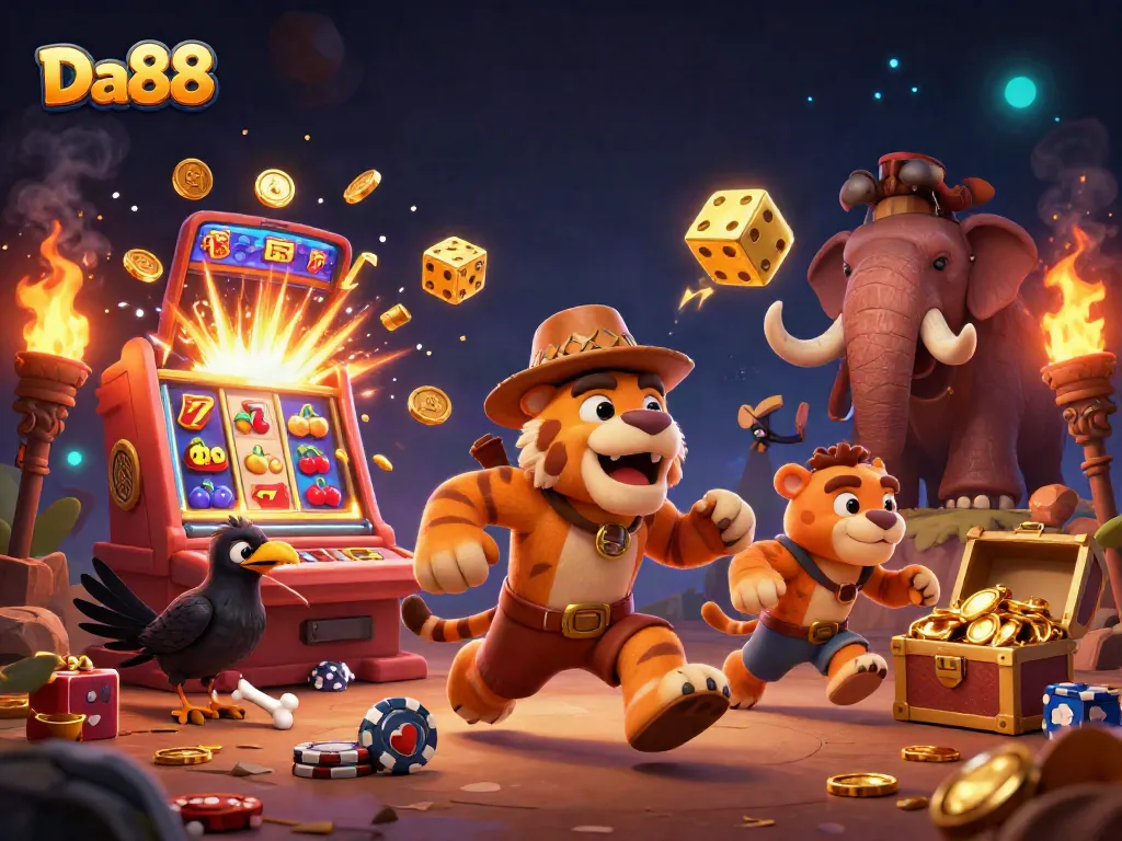 Join the excitement at Da88 with a dynamic casino scene featuring unique prehistoric characters and engaging jackpot elements.