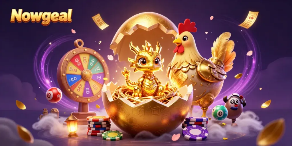 Gamblers explore Nowgoal, observing a golden dragon with poker chips, capturing vibrant casino essence.