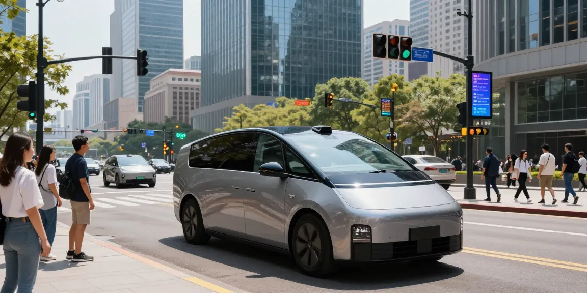 Autonomous driving vehicle navigating a busy city street, showcasing advanced technology and urban life.