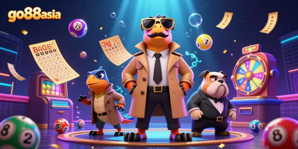 Three raptors in a trench coat humorously entering a VIP lounge at go88asia, surrounded by dynamic lottery elements.