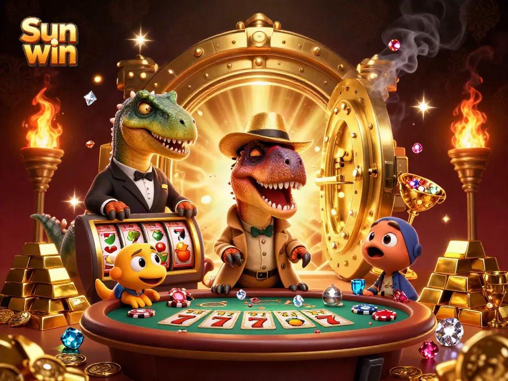 Engage with Sun win as a velociraptor card counter sneaks chips in a vibrant casino scene.