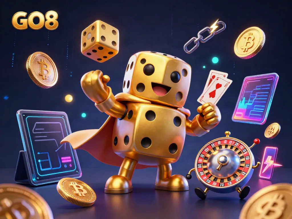 Experience exciting gameplay with GO8 featuring a vibrant 3D casino scene filled with golden dice and cryptocurrencies.
