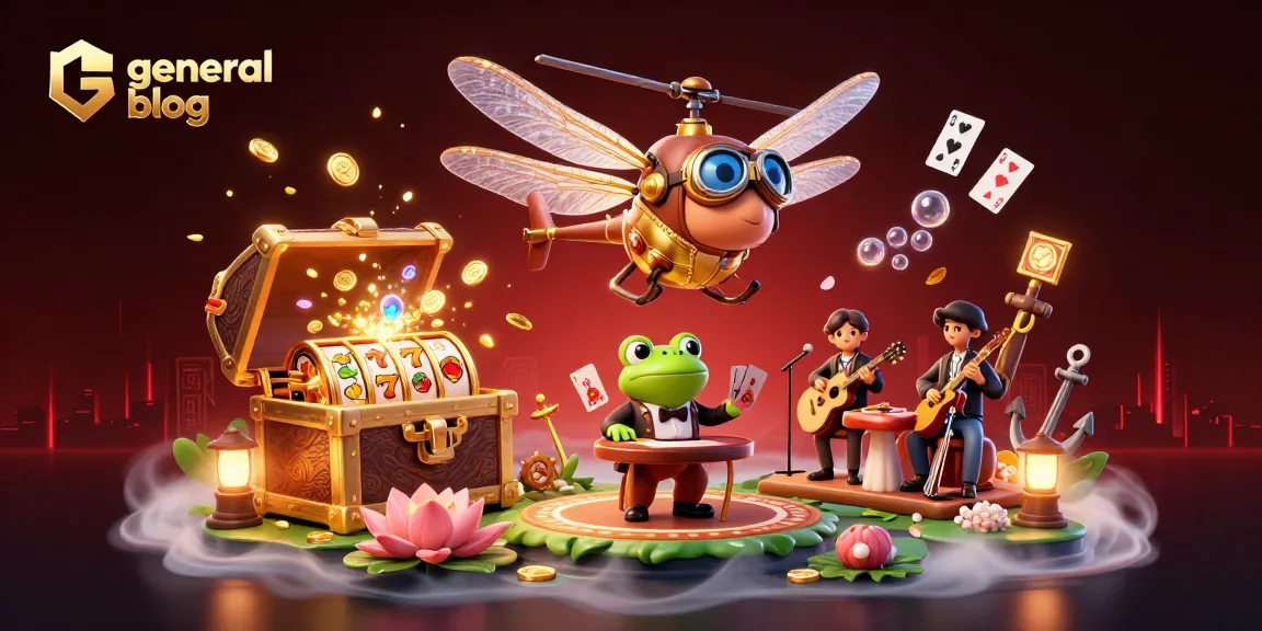 Engage in thrilling gaming with the general blog as an animated dragonfly pilot navigates a vibrant lily pad casino scene.