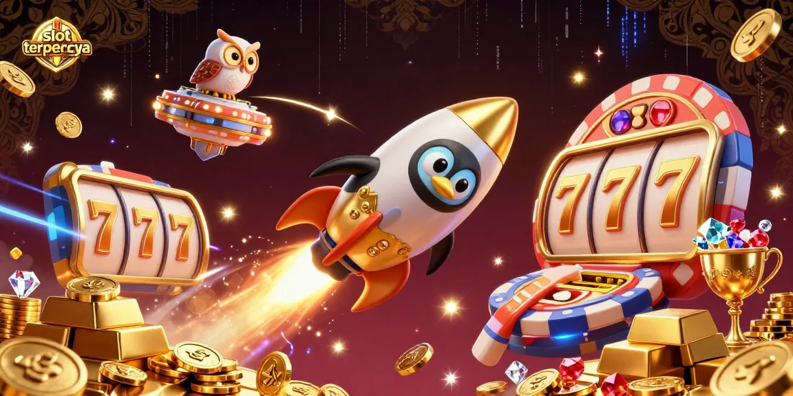 Experience thrilling gameplay at slot terpercaya with a golden penguin soaring towards a poker chip casino.